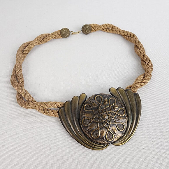 Vintage Bronze Medallion Twisted Gold Cord Statement Necklace - Picture 2 of 6